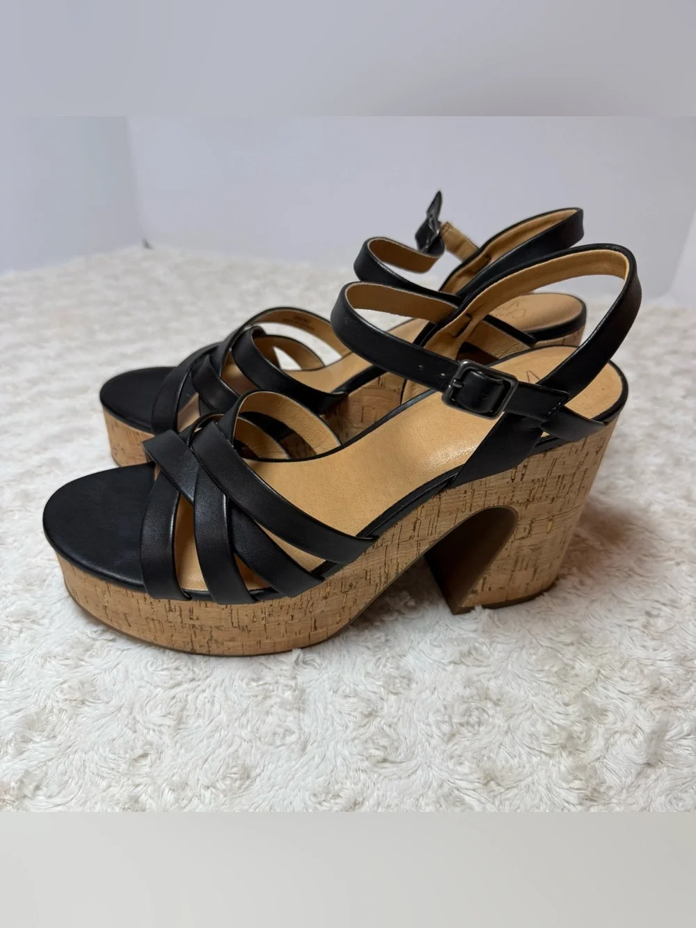 Crown Vintage Black Strappy Cork Platform Heels